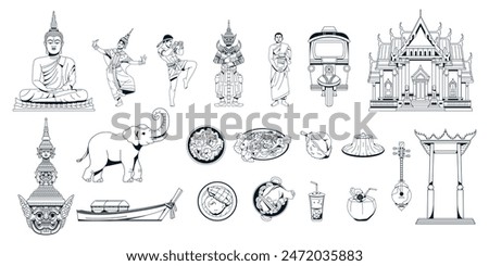 Vector Travel Thailand Cartoon Traditional Culture Set Illustration Isolated