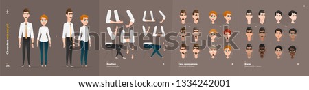 Business Clothes Style. Guy and Girl Cartoon Characters for Animation. Default Body Parts Poses with Face Emotions. Five Ethnic Styles