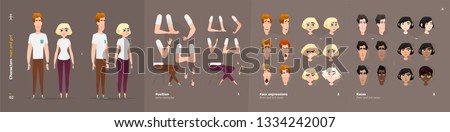 Casual Clothes Style. Guy and Girl Cartoon Characters for Animation. Default Body Parts Poses with Face Emotions. Five Ethnic Styles