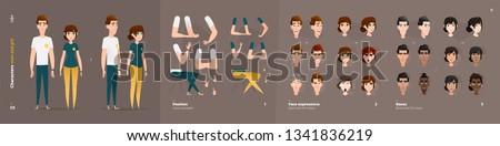 Casual Clothes Style. Guy and Girl Cartoon Characters for Animation. Default Body Parts Poses with Face Emotions. Five Ethnic Styles