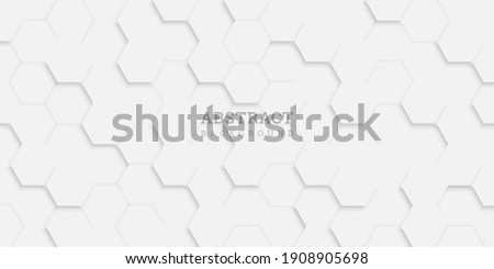 White abstract background with hexagons. Geometric backdrop 3D.  Vector illustration with honeycomb in realistic style. White wall. Horizontal banner. Modern design for wallpaper, flyer, poster. Stock