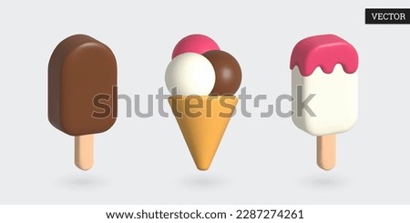 Ice cream icon 3d set. Popsicle and triple scoop in cartoon style. Milk, chocolate and vanilla ice cream cone. Collection sweets. Design elements. Vector illustration.