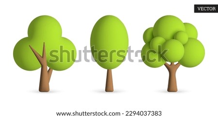 Set of trees 3d vector icons. Collection of green trees on white background. Design elements. Vector illustration in cartoon style.
