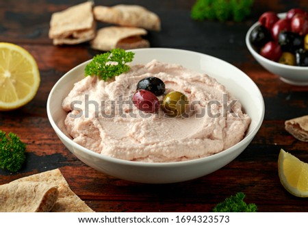 Taramasalata dip with pita bread and olives Stok fotoğraf © 