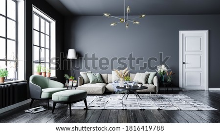Modern interior design, in a spacious room, next to a table with flowers against a gray wall.Bright, spacious room with a comfortable sofa, plants and elegant accessories. Foto stock © 