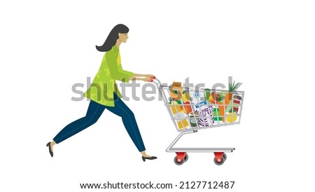 Woman with shoppingcart filled with food. Isolated on white background. Vector illustration.