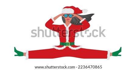Cool woman as Santa Claus. Sitting in split and looking through binoculars. Isolated on white. Vector illustration