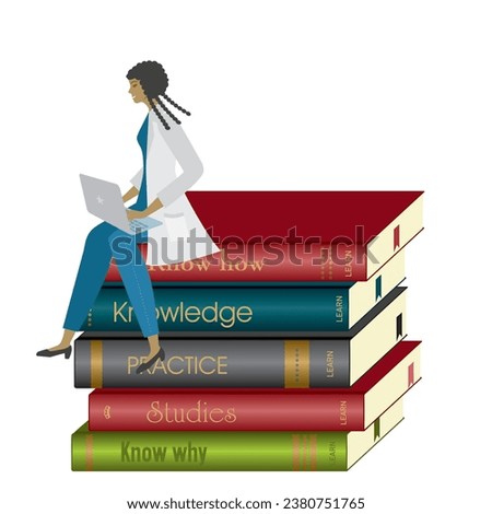Woman doctor, nurse, scientist, sith laptop sitting on a pile of books. Isolated. Vector illustration.
