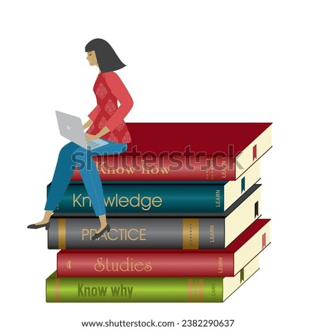 Woman with laptop sitting on a pile of colorful books. Isolated. Vector illustration.