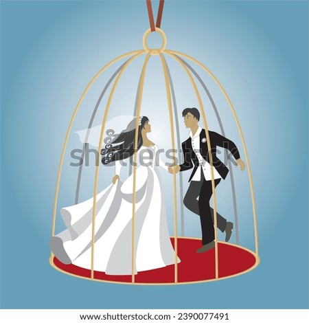 Woman and man dancing wedding dance in birdcage. Square composition. Vector illustration.