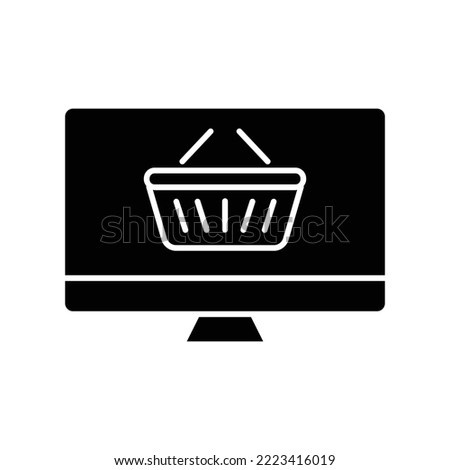 Online shop glyph icon. Contains monitor with shopping cart. icon illustration related to e commerce shop. Simple vector design editable. Pixel perfect at 32 x 32