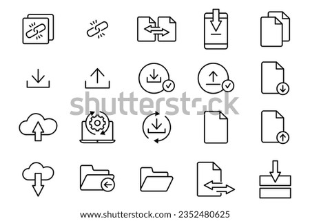 Download set icon. Contains icons download, upload, transfer, link, etc. suitable for web site design, app, user interfaces, printable, etc. Line icon style. Simple vector design editable