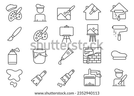 Painting set icon. Contains icons paint brush, canvas, painter, paint tubes, etc. Line icon style. Simple vector design editable