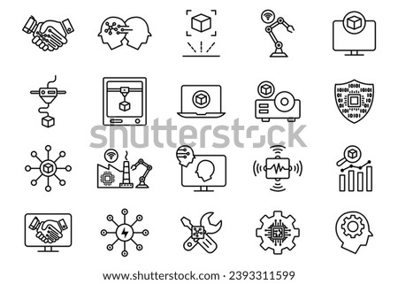 industry icon set. industry 5.0, 3d printing, artificial intelligence, augmented reality, advanced sensor, intelligent robot ,etc. line icon style design. simple vector design editable