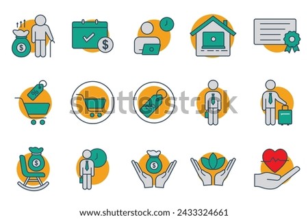 employee benefits icon set. contains icon retirement plan, flexible working, certificate, bonus, etc. flat line icon style. business element vector illustration