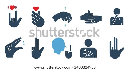 sign language. sign language icon set. i love you, help, yes, no, thank you , etc. solid icon style. business element vector illustration