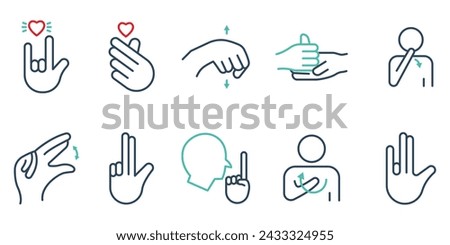 sign language. sign language icon set. i love you, help, yes, no, thank you , etc. line icon style. business element vector illustration