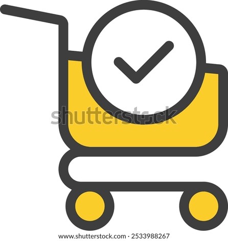 A shopping cart icon with a bold confirmation checkmark symbolizes successful online purchases, enhancing user confidence in e-commerce, checkout, an