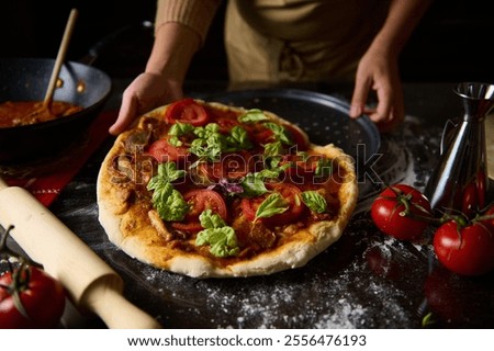 Similar – Foto Bild Hausgemachte Pizza auf hellem Tisch mit Nudelholz und Zutaten, Ansicht von oben