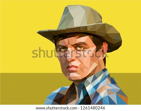 A young man in a cowboy hat is drawn in a low polygon technique. Stylized as a western illustration, imbued with tension. The hero has a stern gaze and expressively compressed lips, a stubborn chin.