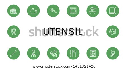 Set of utensil icons such as Restaurant, Juicer, Comb, Stove, Dough, Cotton swabs, Waiter, Kitchen tools, Mix, Moka pot, Soup , utensil