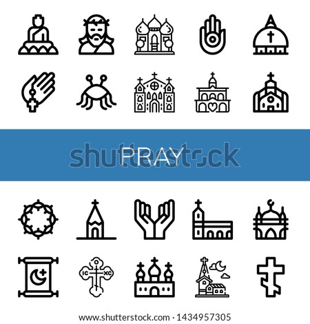 Set of pray icons such as Buddha, Prayer, Jesus, Pastafarianism, Mosque, Church, Jainism, Vatican, Crown of thorns, Islam, Orthodox cross, Monastery , pray