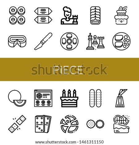 Set of piece icons such as Cracknels, Cheese, Chocolate, Slice, Chess, Cheesecake, Cake, Chicken breast, Melon, Dominoes, Pizza, Broken plate, Cucumber, Dessert , piece