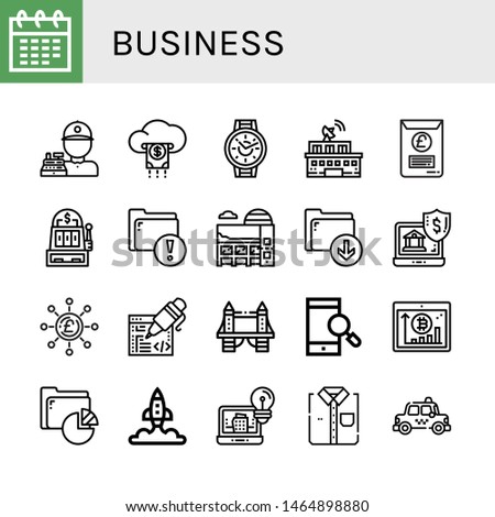 Set of business icons such as Calendar, Cashier, Cloud, Wristwatch, Building, Document, Slot machine, Folder, Museum, Download, Online banking, Pound, Coding, Tower bridge , business