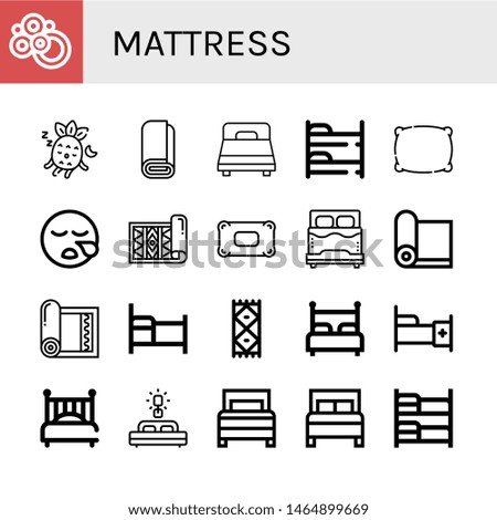 Set of mattress icons such as Carpet, Sleeping, Roll, Bed, Bunk bed, Pillow, Yoga mat , mattress