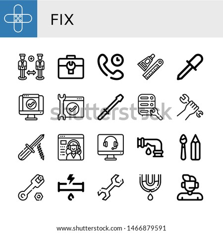 Set of fix icons such as Band aid, Support, Toolbox, Technical Support, Glue, Screwdriver, Service, Maintenance, Wrench, Leak, Paint tools, Broken pipe , fix