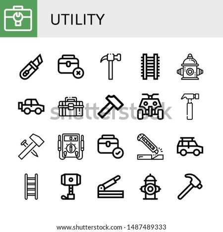 Set of utility icons such as Toolbox, Cutter, Hammer, Ladder, Fire hydrant, Off road, All terrain, Electric meter, Paper cutter , utility