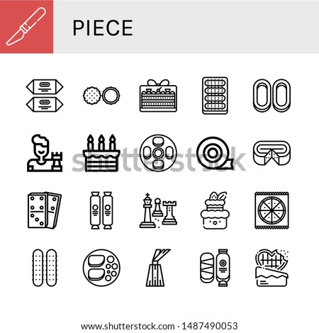 Set of piece icons such as Slice, Chocolate, Cake, Cucumber, Cracknels, Chess, Cheesecake, Duct tape, Cheese, Dominoes, Pizza, Chicken breast, Dessert , piece