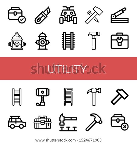 Set of utility icons. Such as Toolbox, Fire hydrant, Cutter, All terrain, Ladder, Hammer, Paper cutter, Off road , utility icons