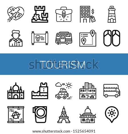 Set of tourism icons. Such as Honeymoon, Pilot, Sand castle, Treasure map, Briefcase, Caravan, Hotel, Itinerary, Lighthouse, Flips flops, Taj mahal, Berlin wall , tourism icons