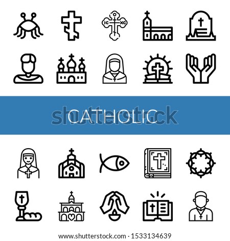 catholic icon set. Collection of Pastafarianism, Priest, Orthodox cross, Church, Nun, Monastery, Bible, Grave, Prayer, Communion, Christianity, Crown of thorns icons