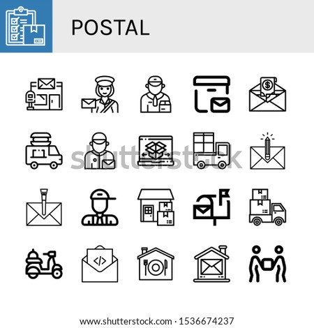 postal icon set. Collection of Delivery, Post office, Postwoman, Deliveryman, Postal delivery, Mail, Food delivery, Postman, Shipping and Envelope, Mailbox, Home icons