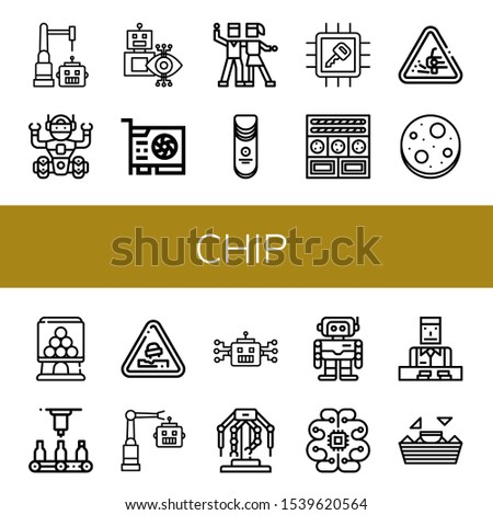 chip simple icons set. Contains such icons as Robot, Video card, Salsa, Crisps, Chip, Cookies, Loose gravel, Chocolate chip, Candy machine, can be used for web, mobile and logo