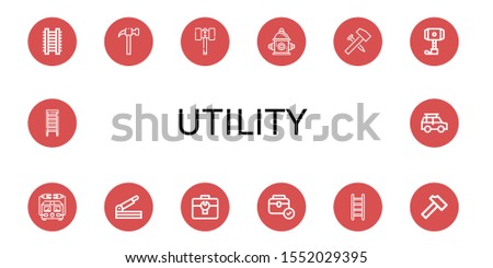 Set of utility icons. Such as Ladder, Hammer, Fire hydrant, Electric meter, Paper cutter, Toolbox, Off road , utility icons