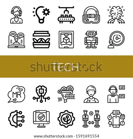 tech icon set. Collection of Support, Online support, Automation, Artificial light, Robot arm, d printing, Ar, Robotics, AI, Support services, Mr, Artificial intelligence icons