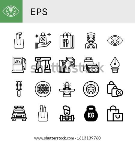 eps simple icons set. Contains such icons as Eye, Shopping bag, Taxi driver, Fuel station, Dolmen, Compressed file, Pen tool, Hair brush, can be used for web, mobile and logo