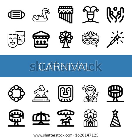 carnival simple icons set. Contains such icons as Mask, Masks, Inflatable, Shooting gallery, Zampona, Ferris wheel, Buffoon, Carnival mask, can be used for web, mobile and logo