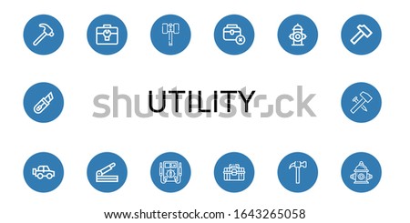 utility icon set. Collection of Hammer, Toolbox, Fire hydrant, Off road, Paper cutter, Electric meter, Cutter icons