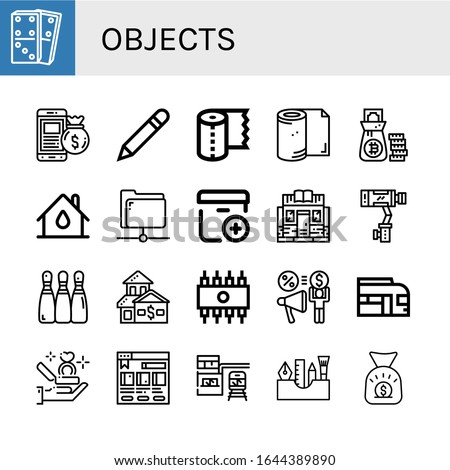 objects simple icons set. Contains such icons as Dominoes, Money bag, Pen, Paper towel, Toilet paper, House, Share, Add package, Bookstore, can be used for web, mobile and logo