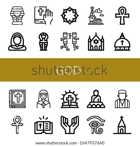 Set of god icons. Such as Sarcophagus, Nun, Bible, Crown of thorns, Mosh, Church, Synagogue, Ankh, Vatican, Prayer, Buddha, Eye of ra, Pastor , god icons