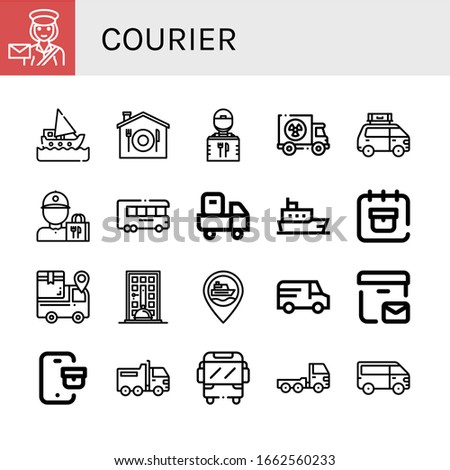 courier simple icons set. Contains such icons as Postwoman, Ship, Home delivery, Delivery guy, Truck, Van, Delivery truck, date, can be used for web, mobile and logo