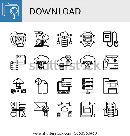 download simple icons set. Contains such icons as File, Cloud, Cloud storage, Cloud computing, Server, Ebook, Floppy disk, Email, Navigation, can be used for web, mobile and logo