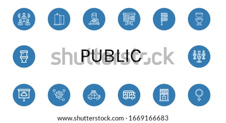 public icon set. Collection of Group, Paper towel, Politician, Presentation, Bus stop, Toilet, Grouping, Taxi, School bus, Vending machine, Female icons