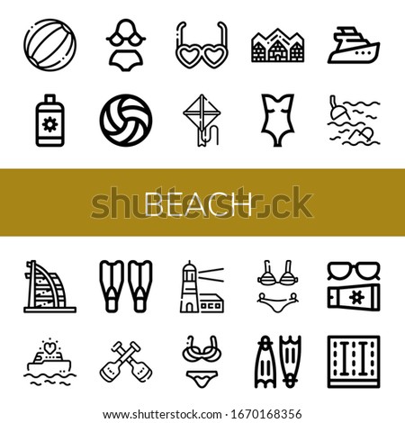 beach simple icons set. Contains such icons as Beach ball, Sun cream, Bikini, Volleyball, Sunglasses, Kite, Hotel de glace, Swimsuit, Yatch, can be used for web, mobile and logo