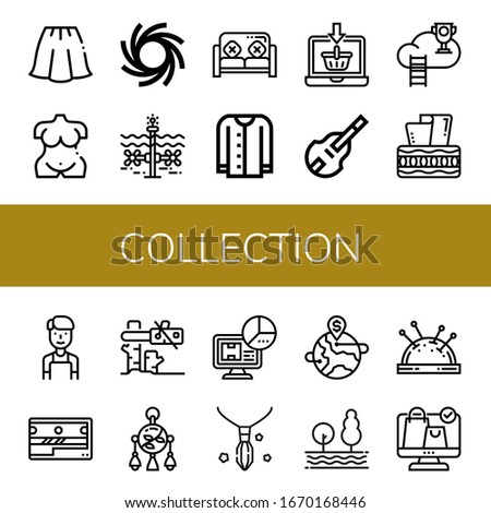 Set of collection icons. Such as Skirt, Venus, Black hole, Tidal, Sofa, Cardigan, Online shopping, Double bass, Cloud, Tissue box, Barista, Sharpener, Tree , collection icons