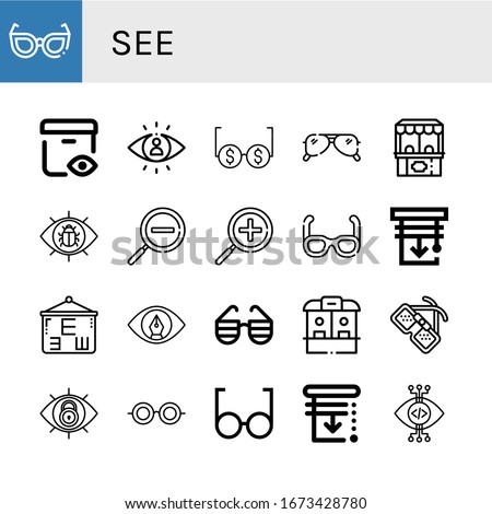 see simple icons set. Contains such icons as Glasses, View, Visibility, Sunglasses, Ticket office, Zoom out, Zoom in, Blinds, Eye test, can be used for web, mobile and logo